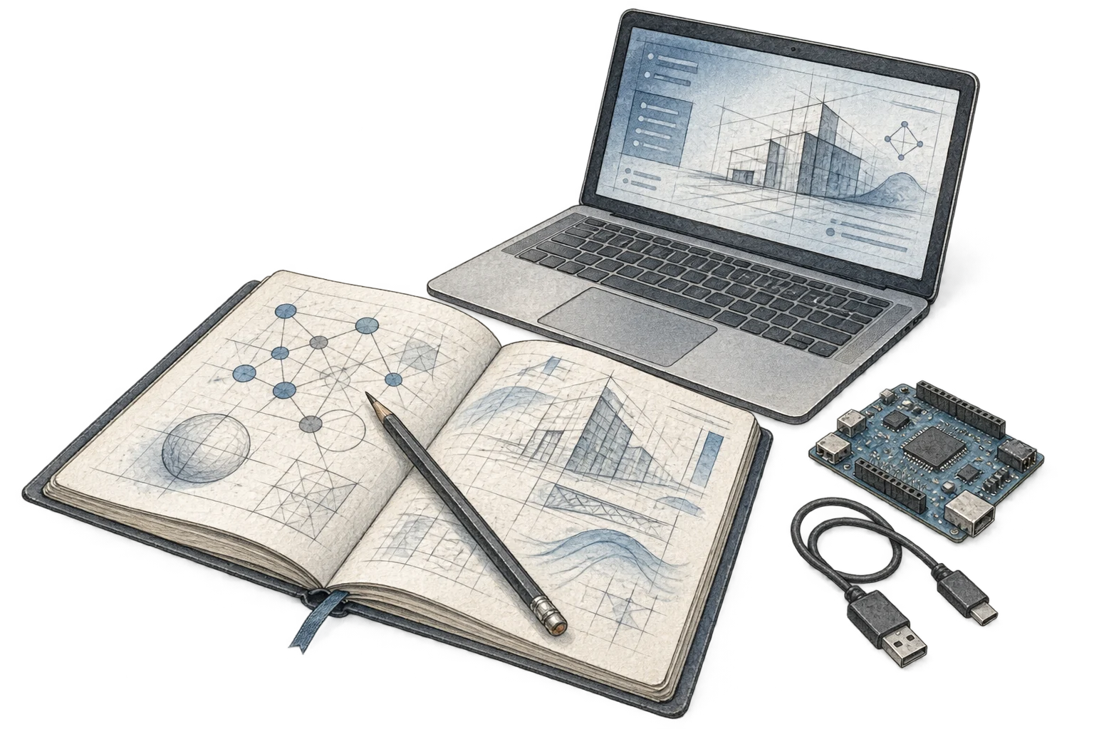 Graphite illustration of an open engineering sketchbook, a pencil, a laptop and a small circuit board